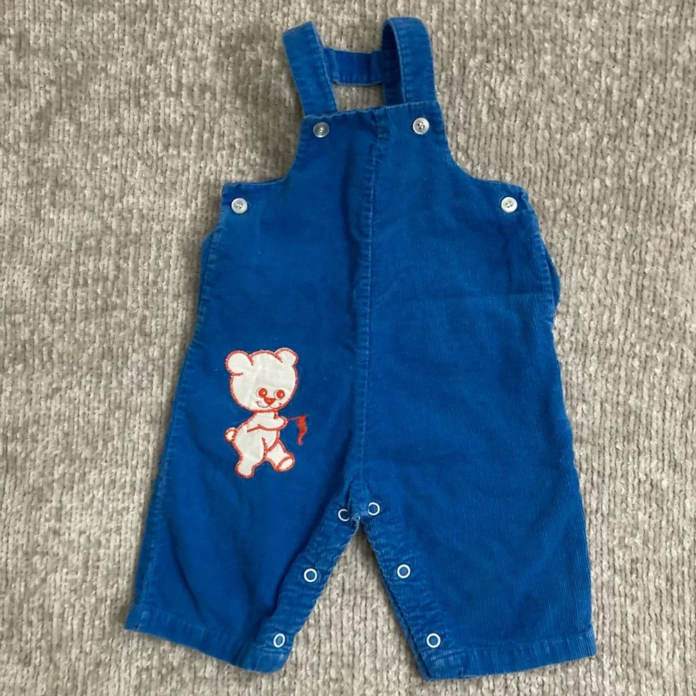 Vintage Health-tex 9M Blue Corduroy Overalls Bear Appliqué USA‎ Retro Baby